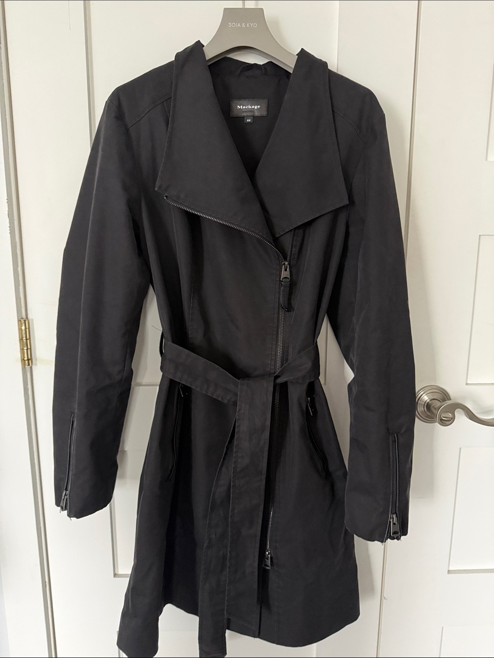 Mackage Black Asymmetric Zip Trench Coat